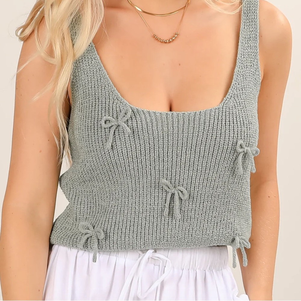 Lumiere Textured Knit Bows Tank Top in Sage Green